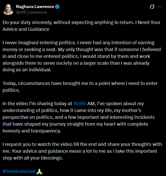 Raghava Lawrence Signals Political Entry, Seeks Public Opinion Amid TVK Speculation